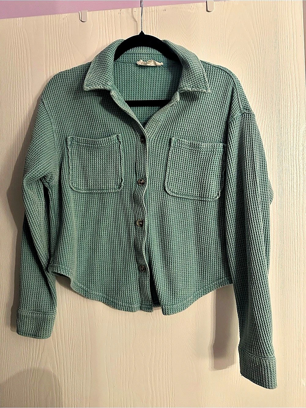 Hippie Rose Waffle Knit Button-Front Shirt Shacket Green Small